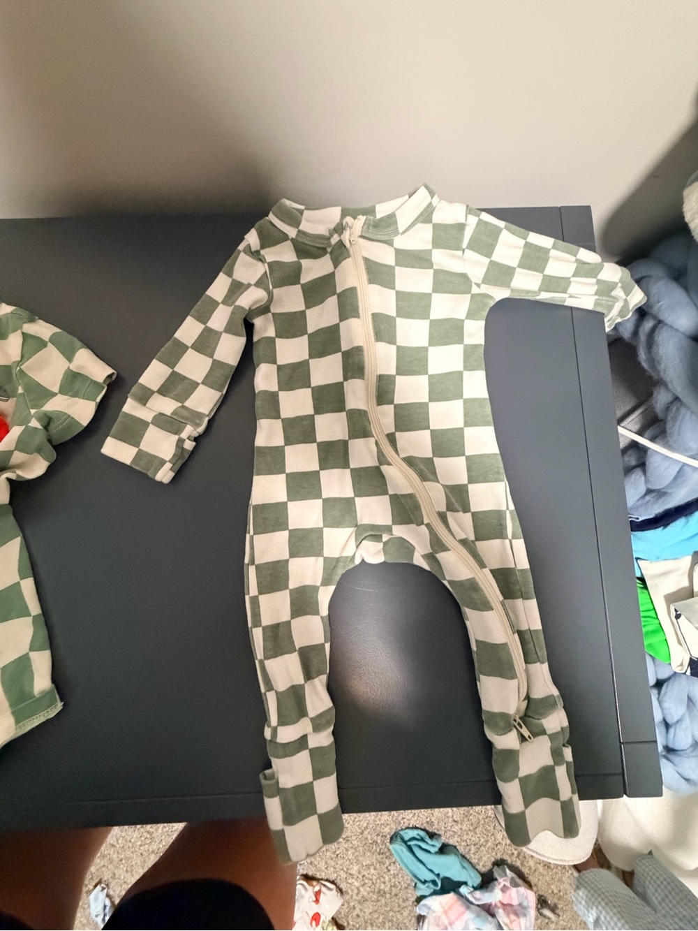 Checkerboard Zip Baby Footie - Green & White